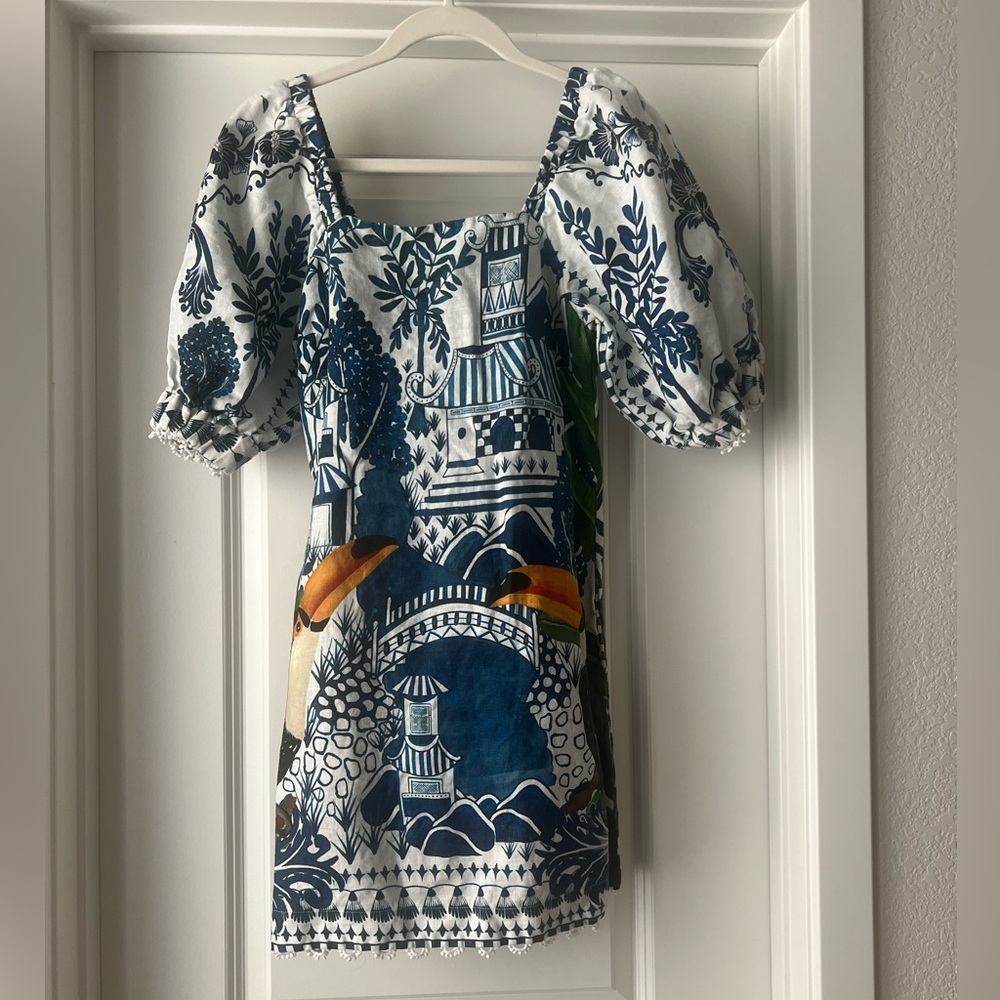 FARM Rio Blue and White Scenic Mini Dress